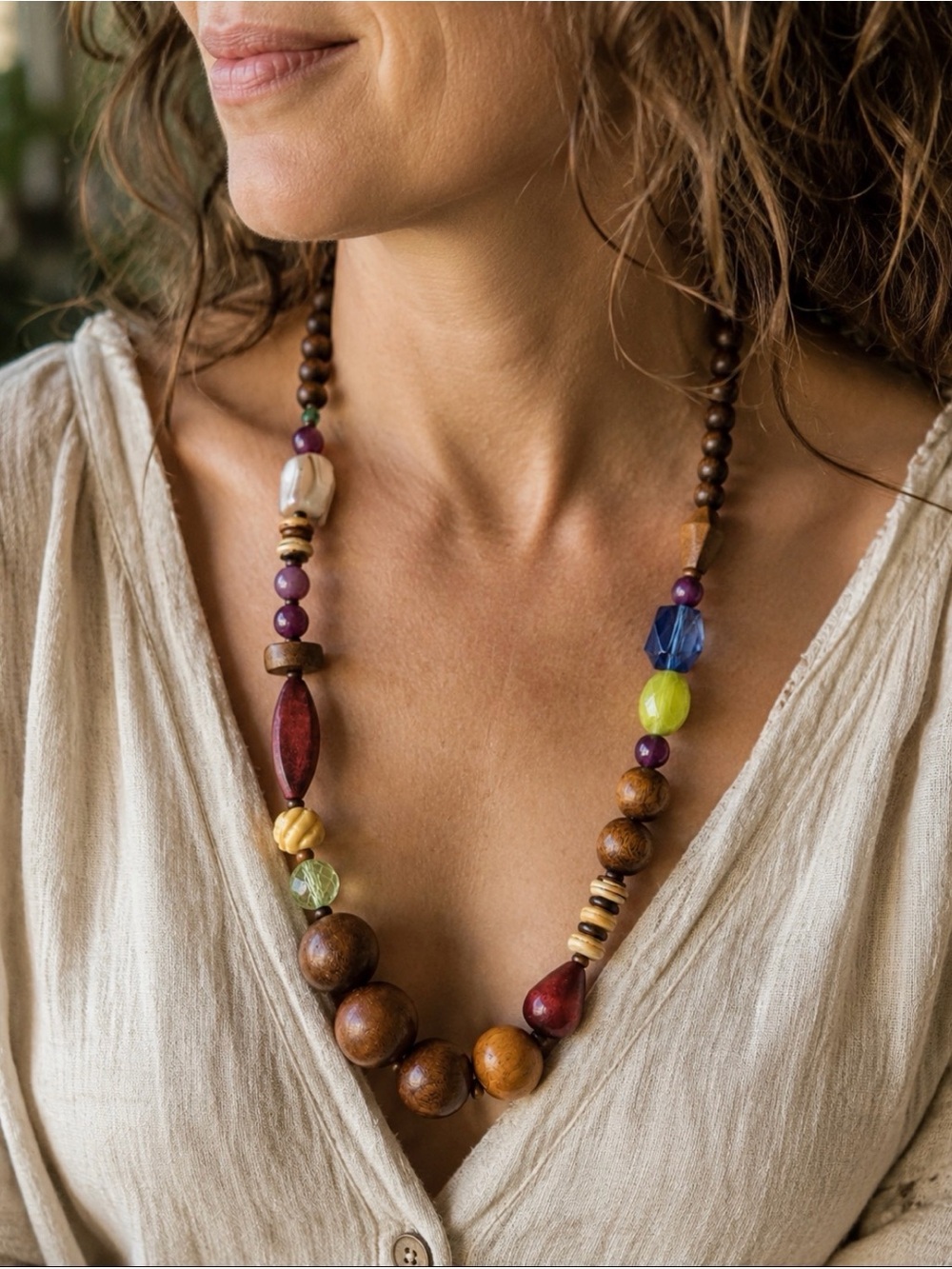 Fossil Vintage Mixed Media Beaded Statement Necklace Wood Glass Stone